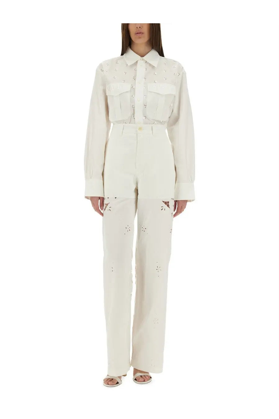 Marine serre women’s upcycled linen white shirt with embroidered buttons, front pockets, and floral lace detailing