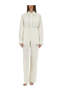 Marine serre women’s upcycled linen white shirt with embroidered buttons, front pockets, and floral lace detailing