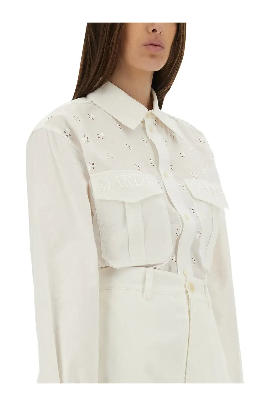 Marine Serre women’s white upcycled linen button-up shirt with delicate floral embroidery and chest pocket patch