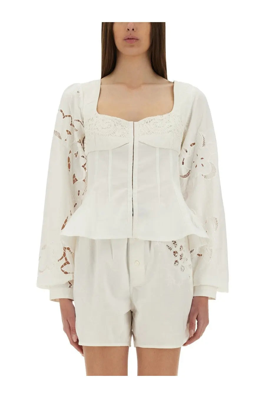 Marine Serre women’s upcycled white linen blouse with delicate floral embroidery and a square neckline