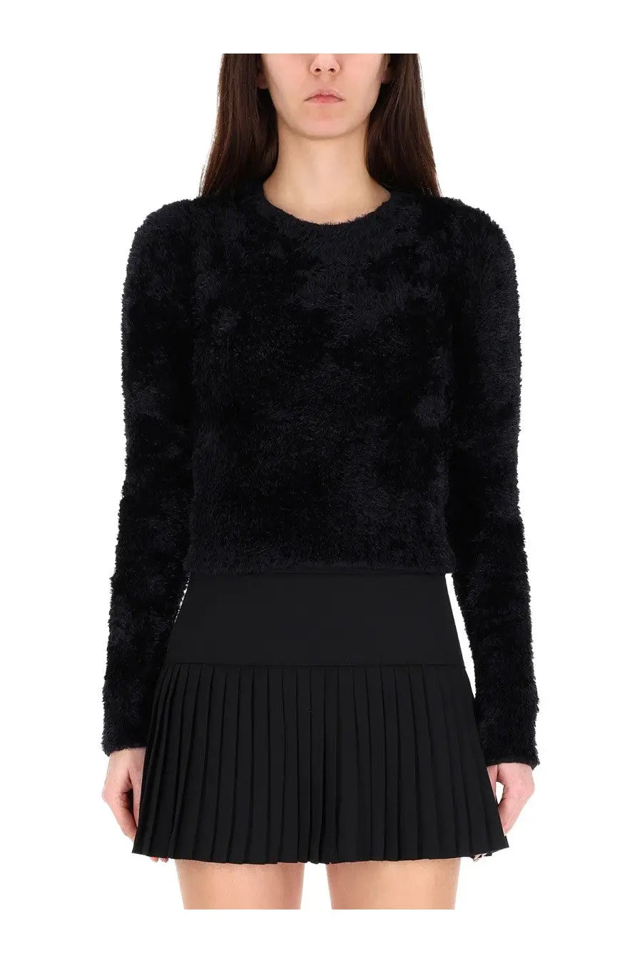 Marine serre women’s wild fluffy jersey black is a long-sleeved fuzzy sweater with a textured plush surface and round neckline