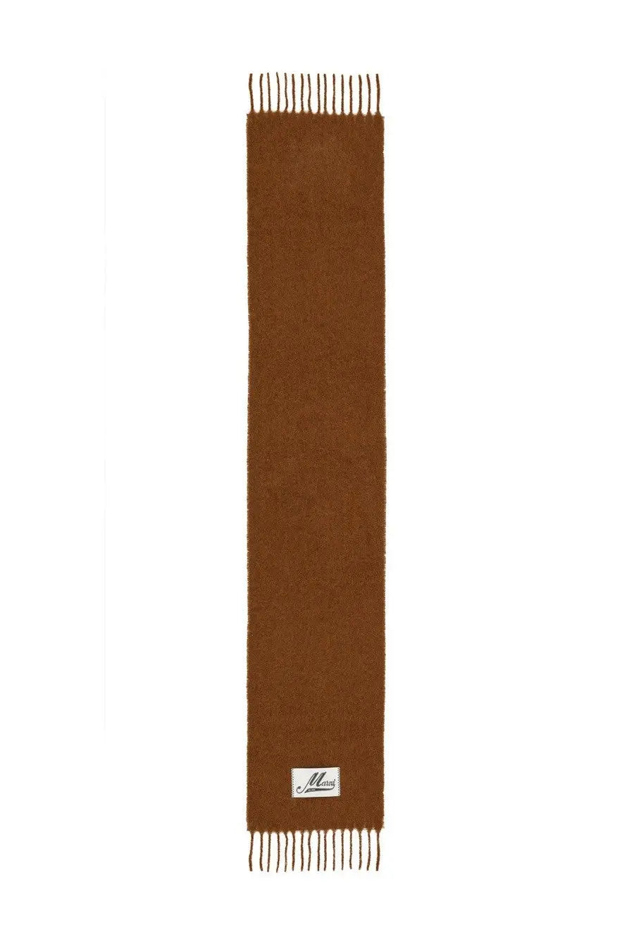Marni men’s alpaca scarf in warm brown wool with fringed ends and a small white label at the bottom