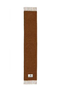 Marni men’s alpaca scarf in warm brown wool with fringed ends and a small white label at the bottom