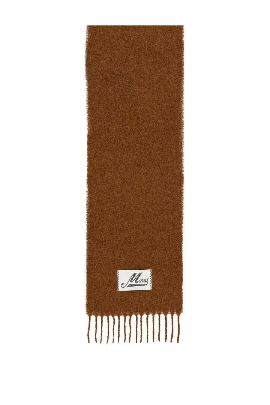 Marni men’s alpaca scarf in warm brown wool with a subtle textured weave and fringed ends with a white label