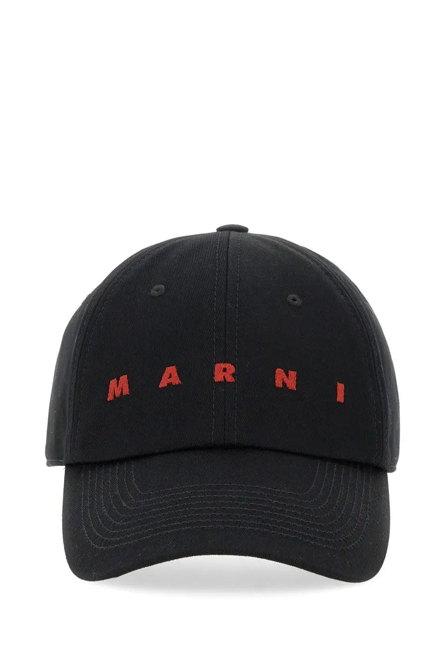 Black Marni men’s baseball hat featuring bold red embroidered logo on front in cotton fabric
