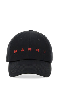 Black Marni men’s baseball hat featuring bold red embroidered logo on front in cotton fabric