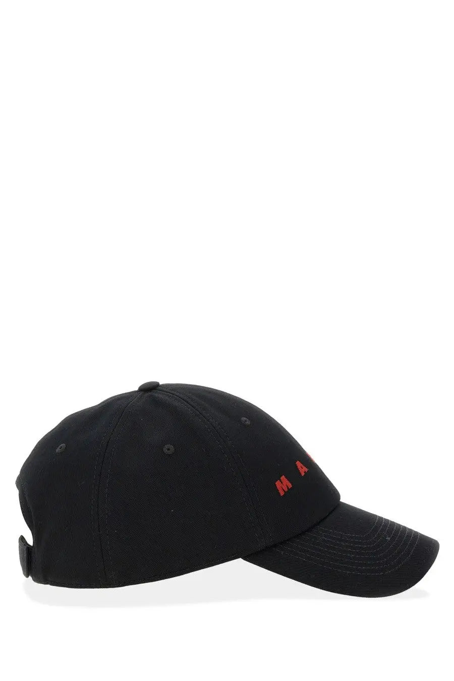 Marni men’s black baseball hat featuring a red embroidered ma logo on the front for casual wear