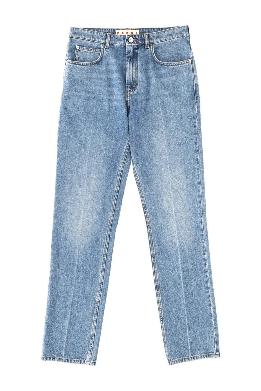 Marni men’s cotton denim pants blue light-wash with straight-leg cut and five-pocket design featuring brand label