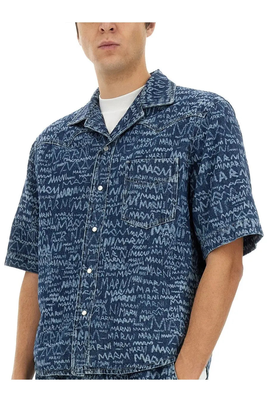 Marni men’s blue denim short-sleeved bowling shirt with repeating white marini graffiti style print