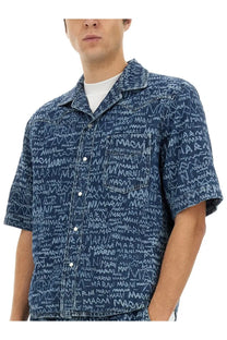 Marni men’s blue denim short-sleeved bowling shirt with repeating white marini graffiti style print