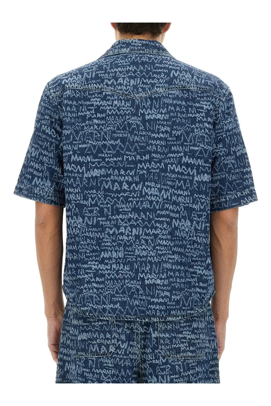 Marni men’s blue denim short-sleeved shirt with repeating white marni logo print