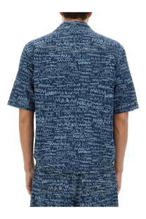 Marni men’s blue denim short-sleeved shirt with repeating white marni logo print