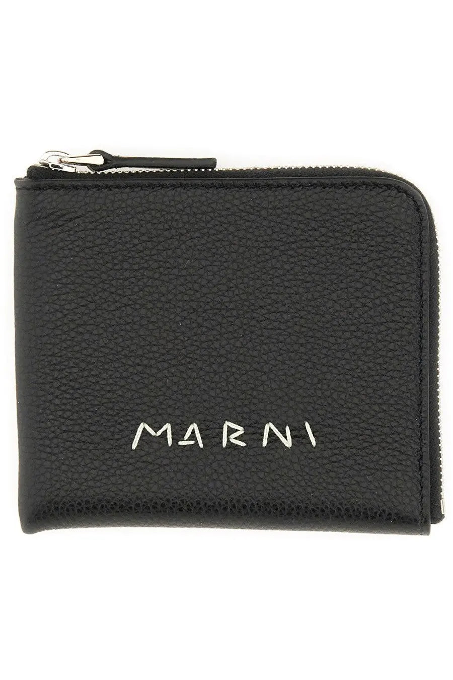 Marni men’s black leather wallet with textured finish and white marni logo embroidered on the front