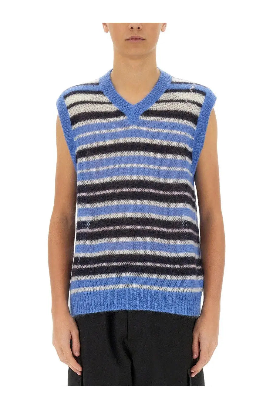 Marni men’s sleeveless mohair blend vest with horizontal stripes in blue black and white multicolor design