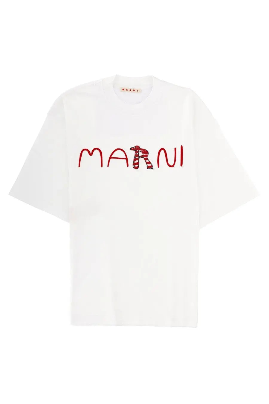 White Marni men’s t-shirt featuring a bold red embroidered logo with a striped letter r design on the front