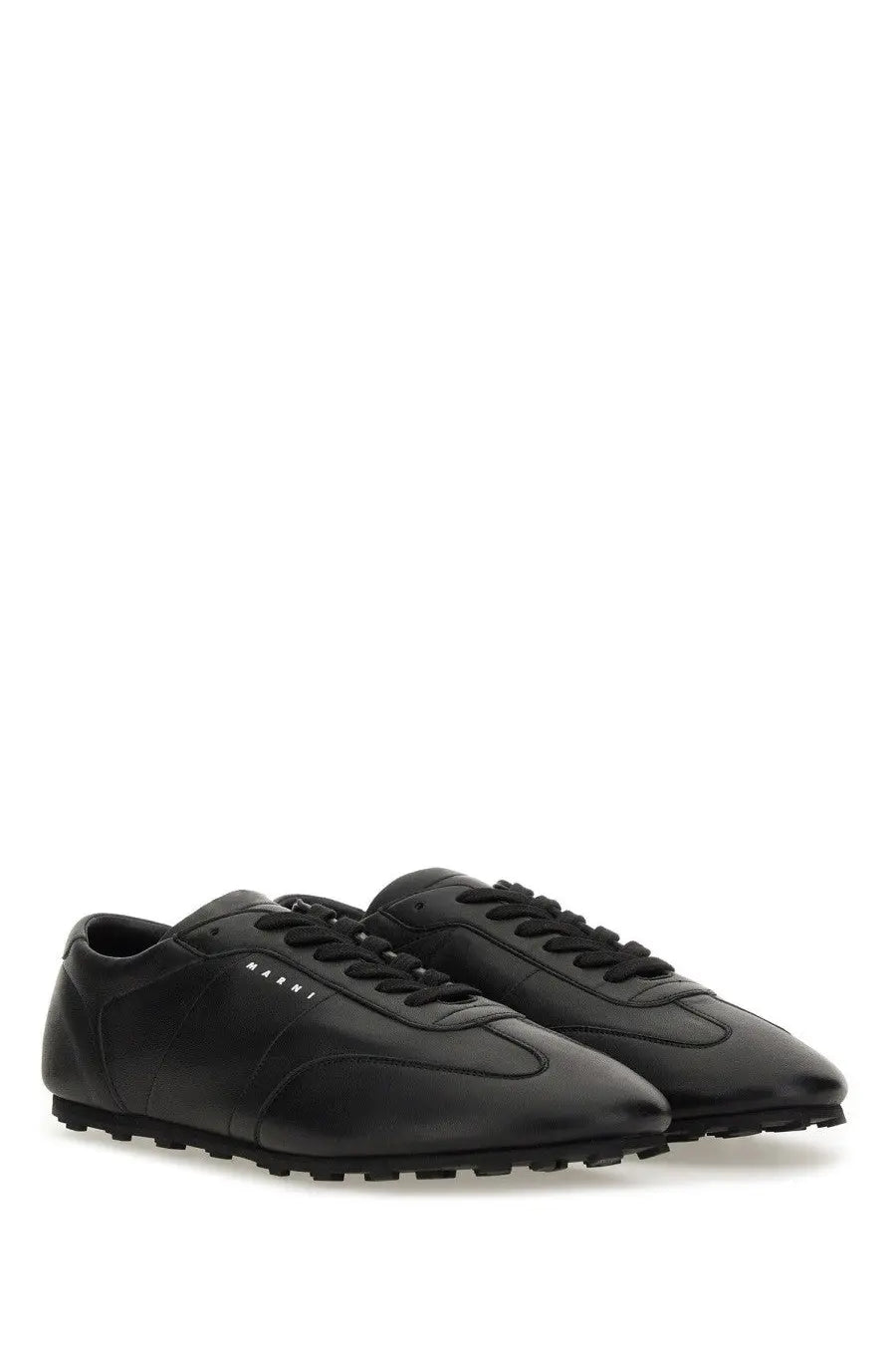Black leather marni men’s softy doccer sneaker with sleek minimalist design and textured rubber soles