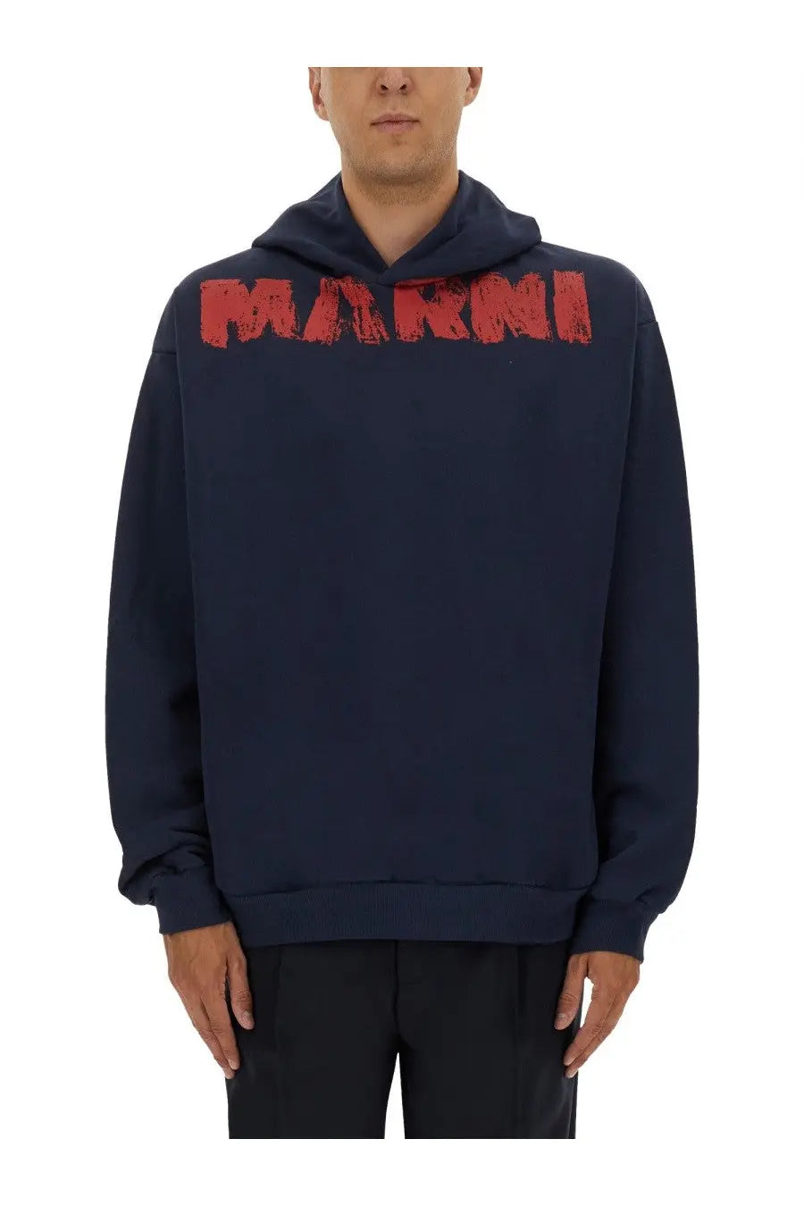 Navy blue marni men’s hooded sweatshirt with bold red lettering made from soft cotton for casual wear