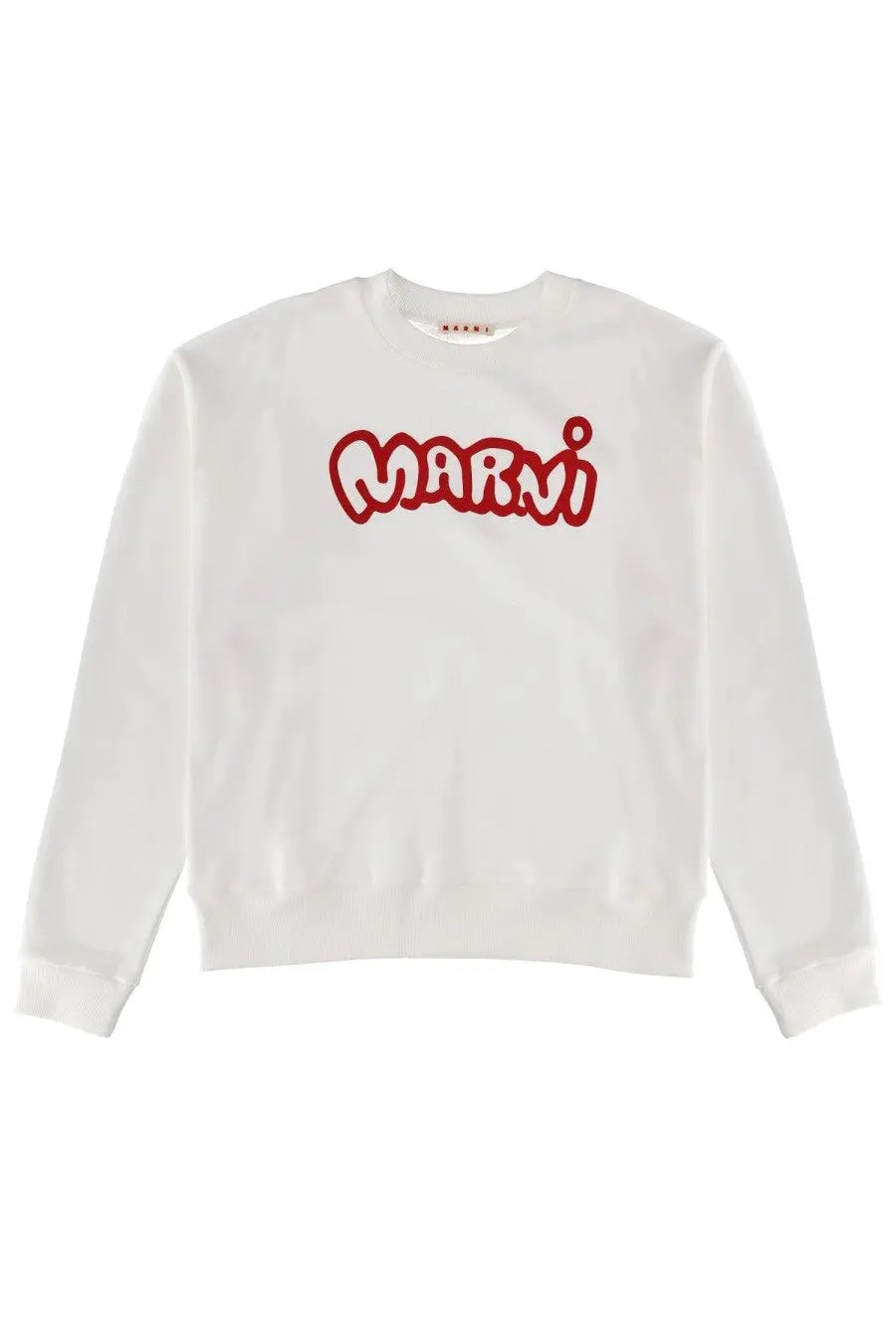 Marni men’s white sweatshirt featuring bold red embroidered logo across the chest in comfortable fabric
