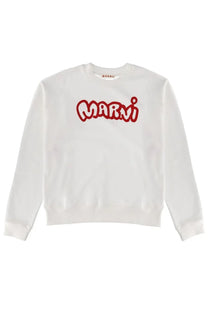 Marni men’s white sweatshirt with bold red embroidered logo across the chest made from soft cotton blend