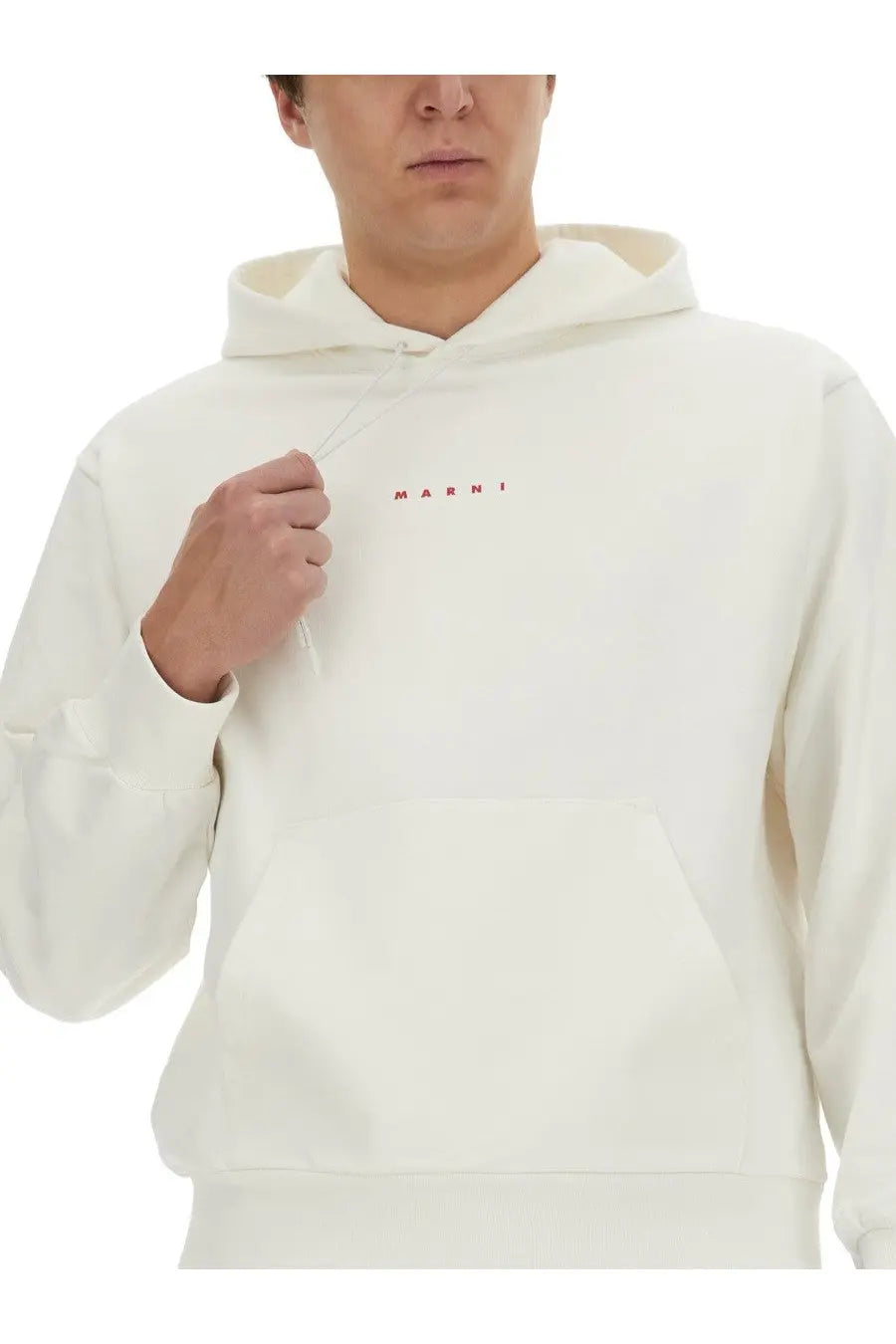 Cream-colored marni men’s hoodie with subtle red logo on chest soft cotton fabric casual sweatshirt white model
