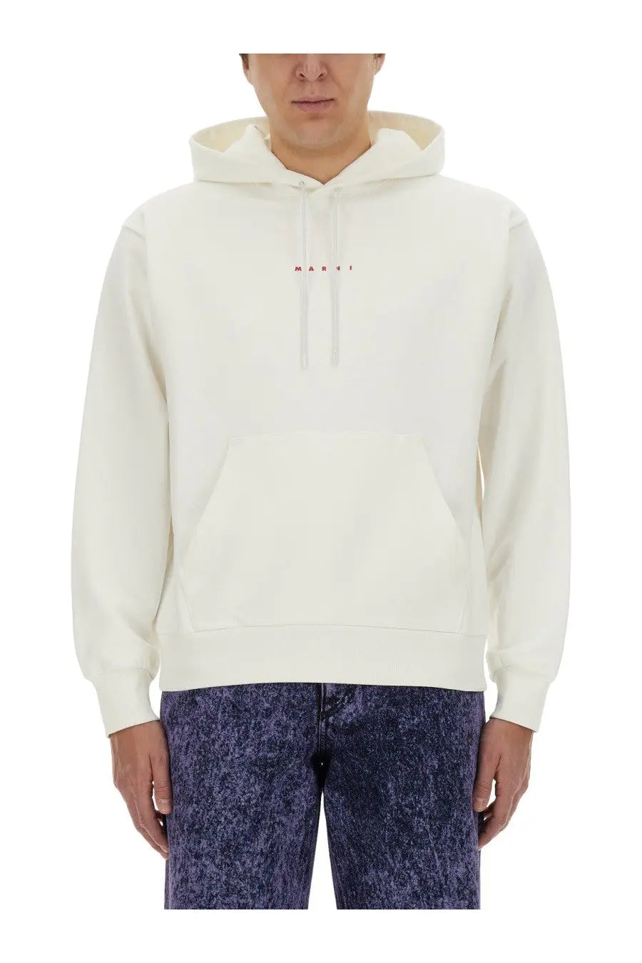 Marni men’s cream-colored sweatshirt hoodie with subtle red logo on chest and matching drawstrings in cotton blend