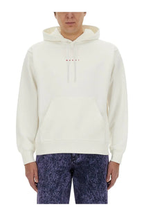 Marni men’s cream-colored sweatshirt hoodie with subtle red logo on chest and matching drawstrings in cotton blend