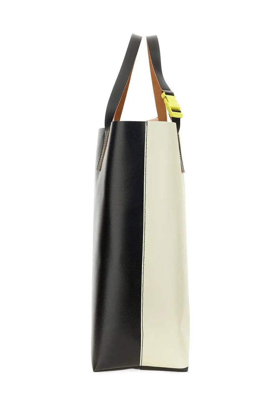 Black and cream two-tone leather Marni men’s Tribeca shopping tote bag with yellow buckle on handles
