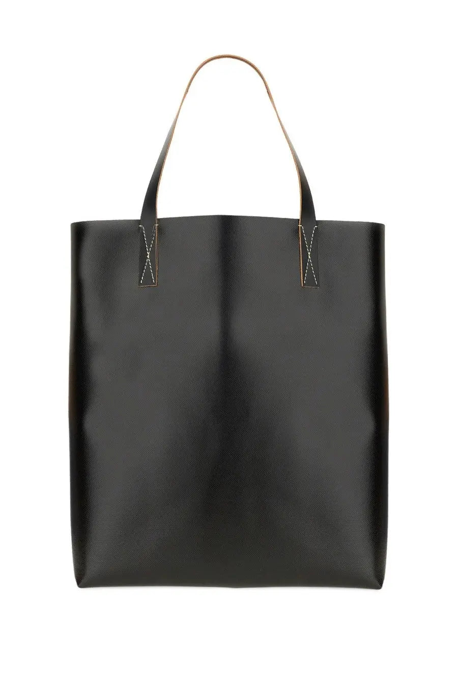 Marni men’s tribeca shopping bag in black leather with tan handles and white stitching at the top