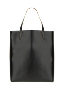 Marni men’s tribeca shopping bag in black leather with tan handles and white stitching at the top