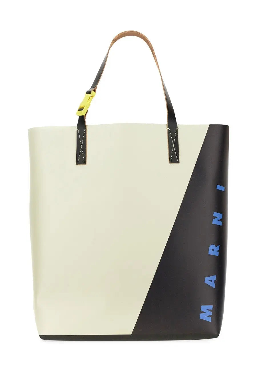 Marni men’s tribeca shopping bag in cream and black leather with bold blue branding and yellow buckle handles