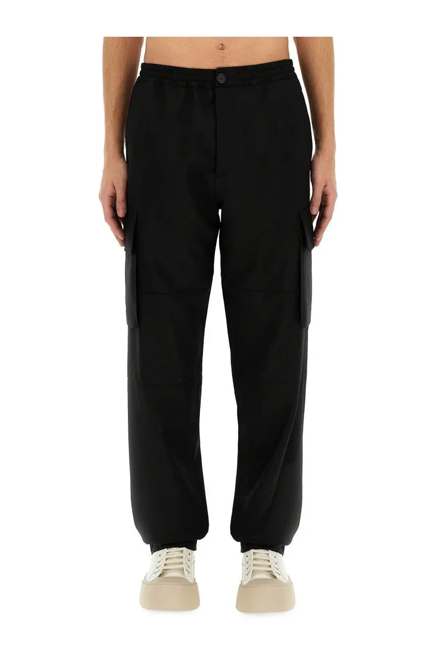 Black cargo pants with side pockets and button closure shown from the back in marni men’s blue wool pants collection