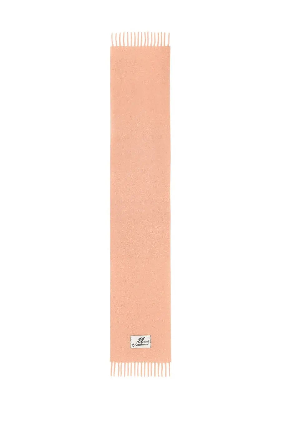 A soft peach-colored cashmere scarf with delicate fringe and a small brand label near the bottom