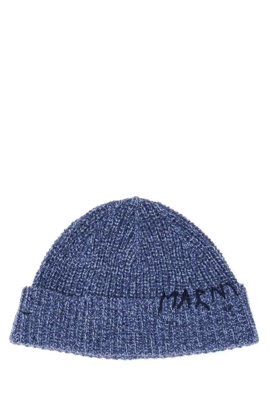 Blue heathered knit beanie with ribbed cuff and dark blue marni embroidery on the front for women