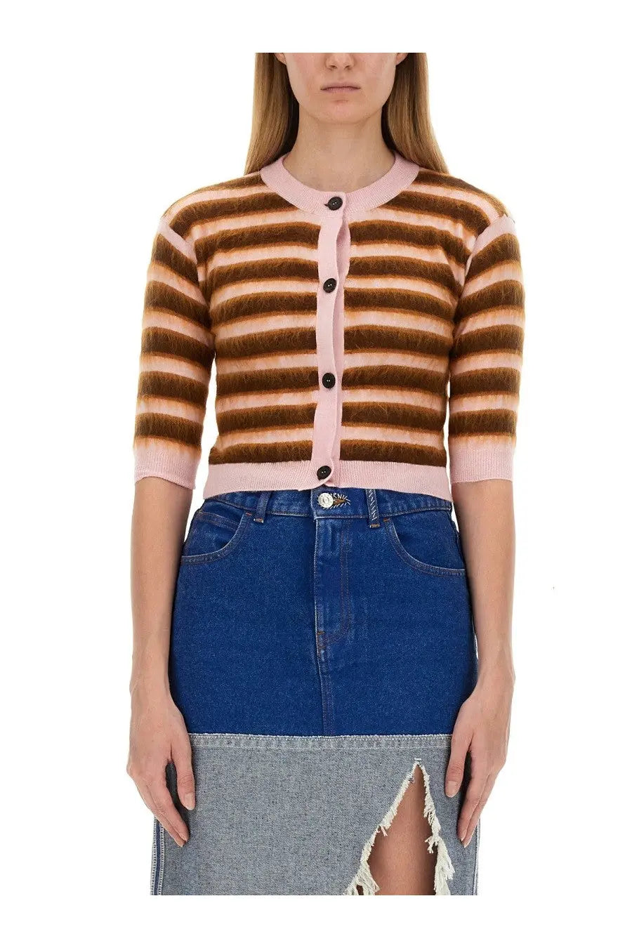 Marni women’s cropped three-quarter sleeve cardigan with brown and pink horizontal stripes and black buttons