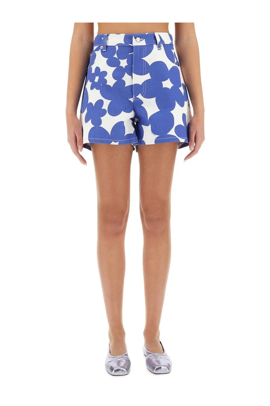 Marni women’s cotton shorts in white and blue floral print with high waist and classic denim construction