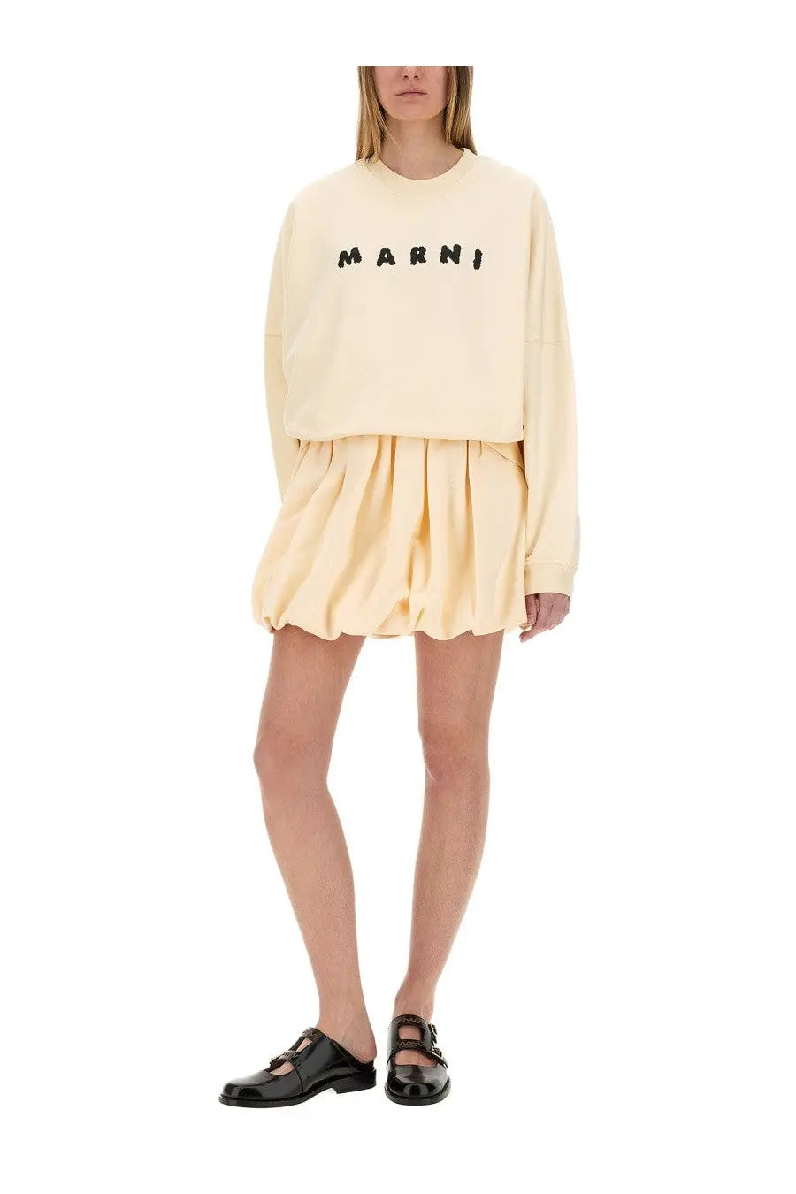 Cream-colored marni oversized cotton sweatshirt with black embroidered logo for women in white shade