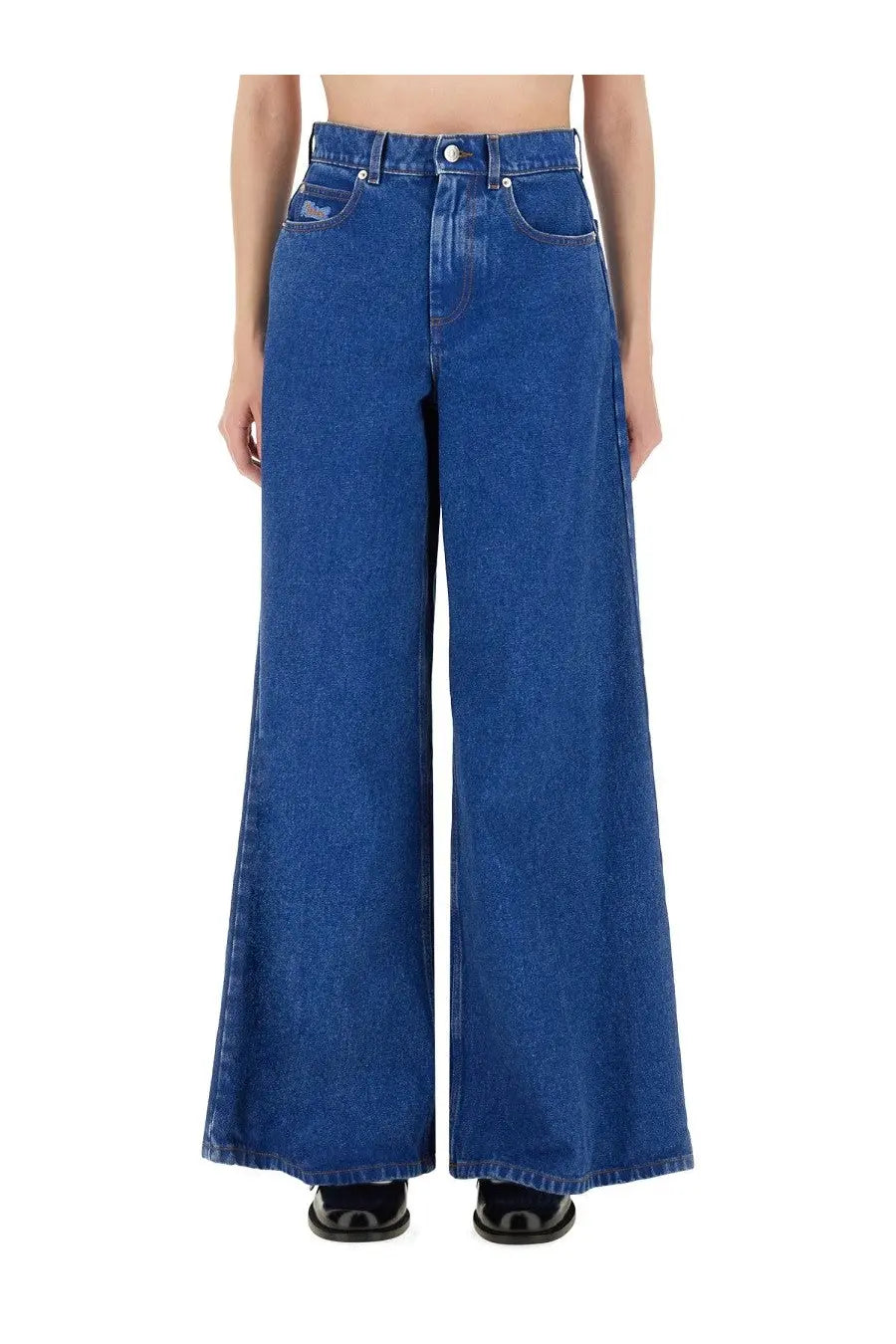 Marni women’s blue denim high-waisted wide-leg jeans with classic five-pocket design and button closure