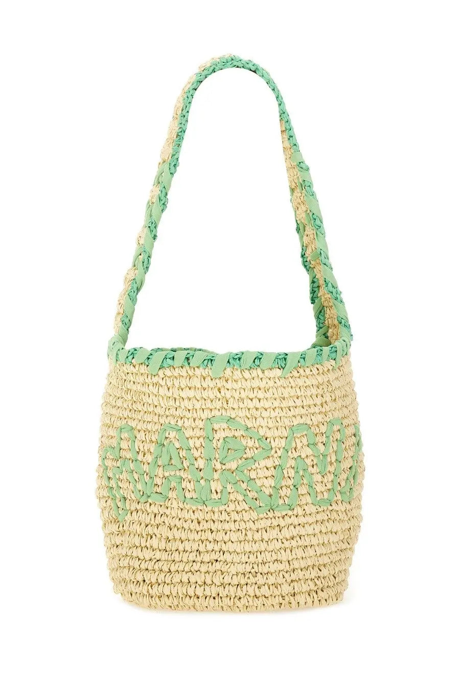 Marni women’s hobo bag crestfallen medium multicolor light green and beige woven straw tote with braided handle and embroidered logo