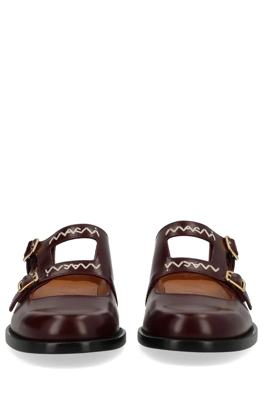 Brown leather mary jane sandals with gold-tone buckles and white zigzag stitching by marni women moccasin sabot bambi red