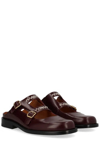 Marni women’s moccasin sabot bambi red burgundy leather mules with gold-tone buckles and white zigzag stitching