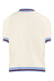 Marni women’s cream-colored knit polo shirt with light blue and maroon striped trim on collar sleeves and hem
