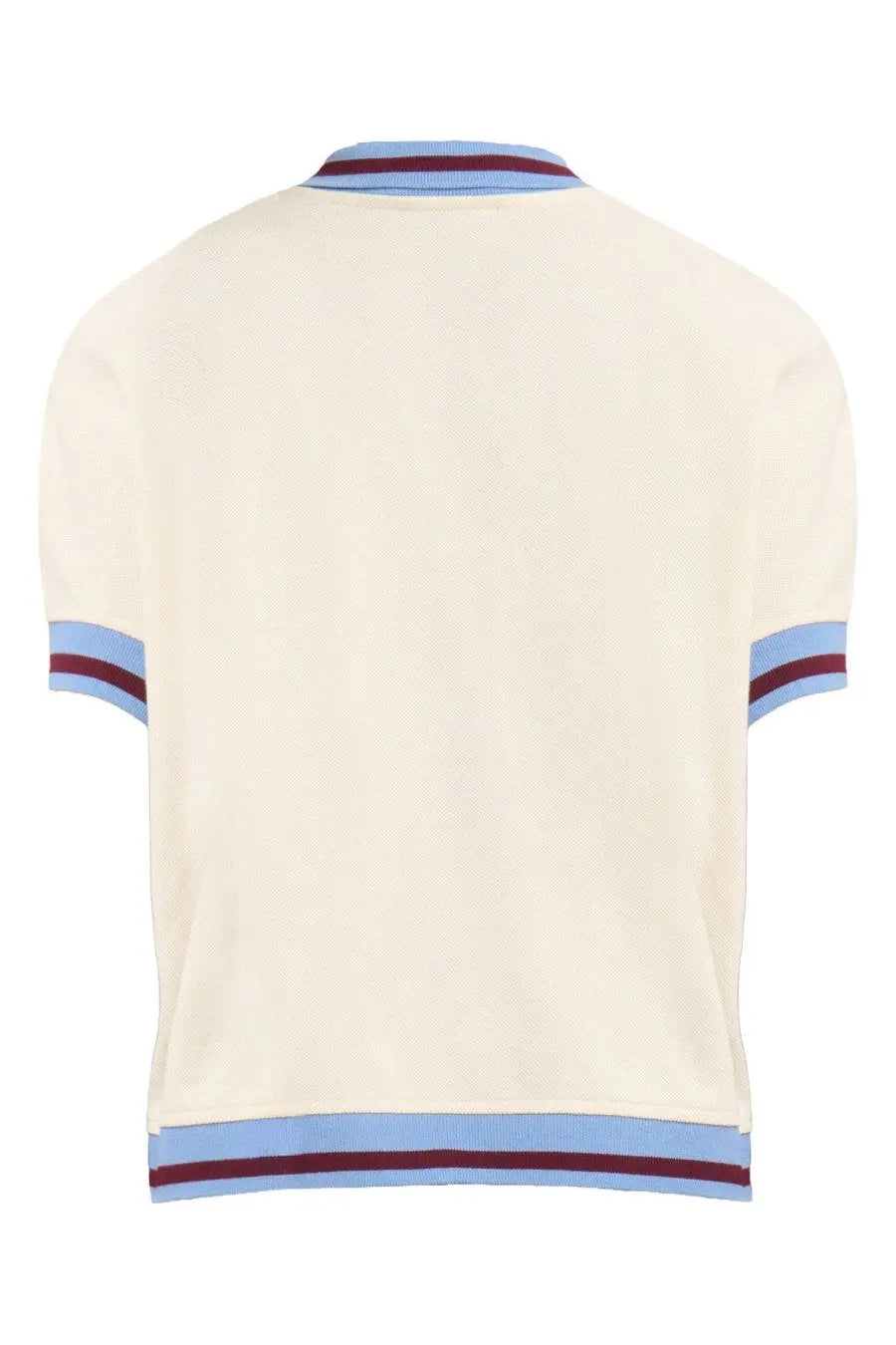 Marni women’s cream knit polo shirt with light blue and maroon striped collar sleeves and hem trim