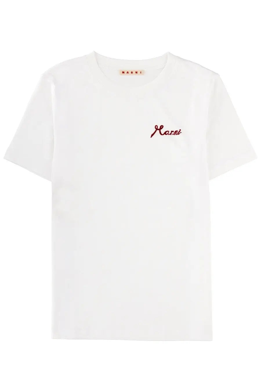 Marni women’s white t-shirt with subtle red embroidered logo on the left chest in soft cotton fabric