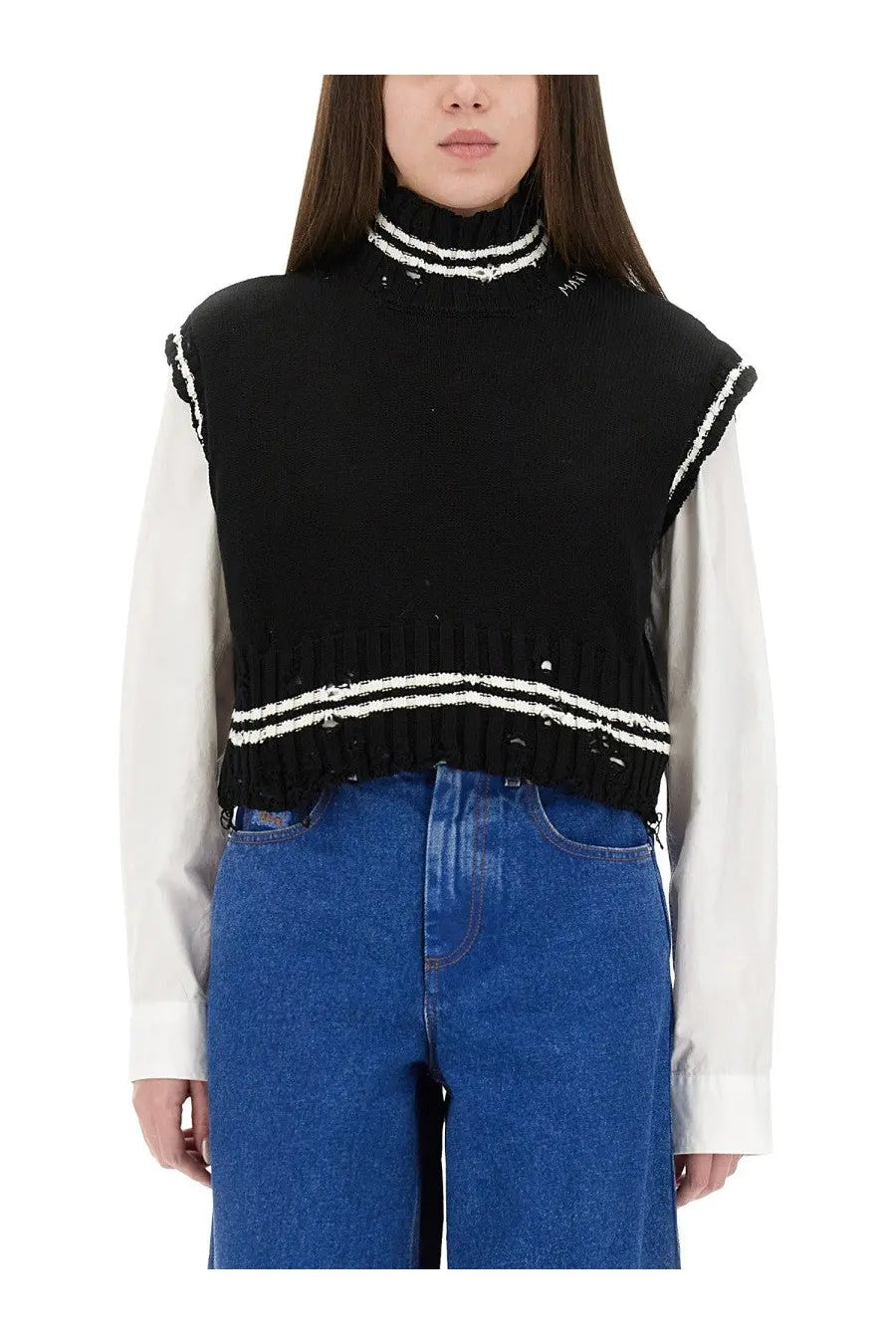 Marni women’s short black cotton vest with white ribbed trim and distressed detailing knit sleeveless design
