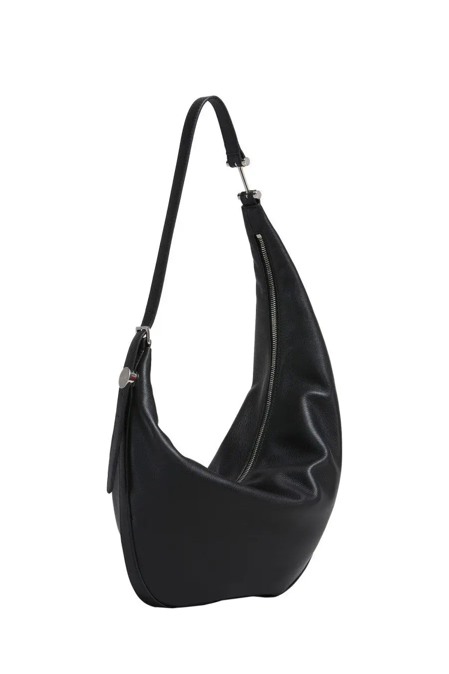 Marni women’s small black leather hobo bag with sleek curved silhouette and silver-toned zipper and hardware