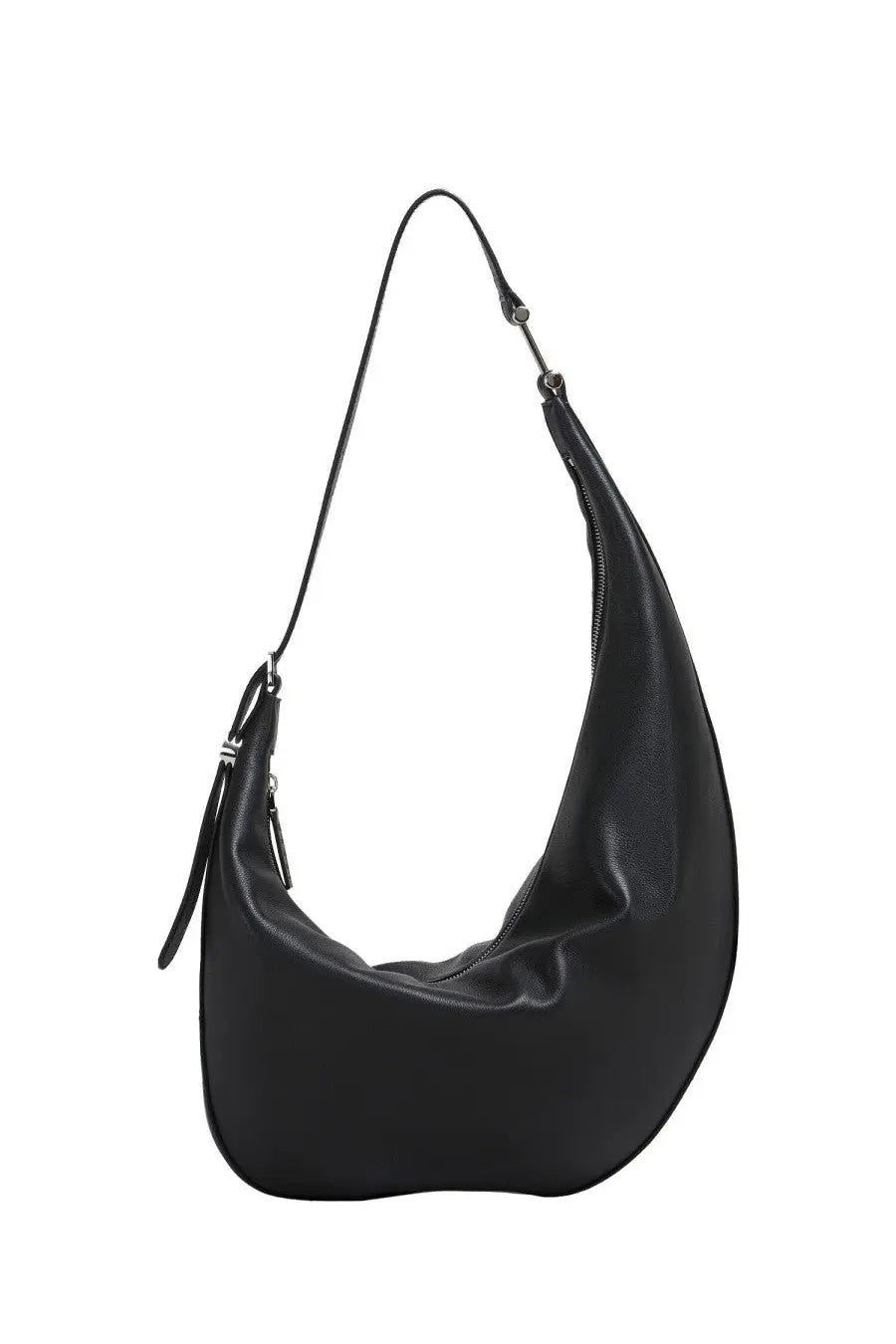 Marni women’s small black leather hobo bag with a sleek curved silhouette and adjustable shoulder strap