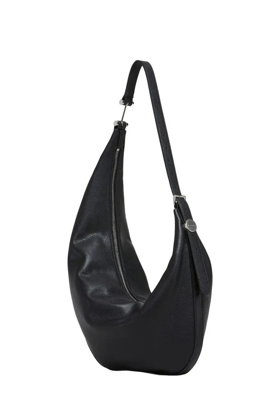 Marni women’s small black leather hobo bag with sleek curved design and silver-toned zipper and hardware