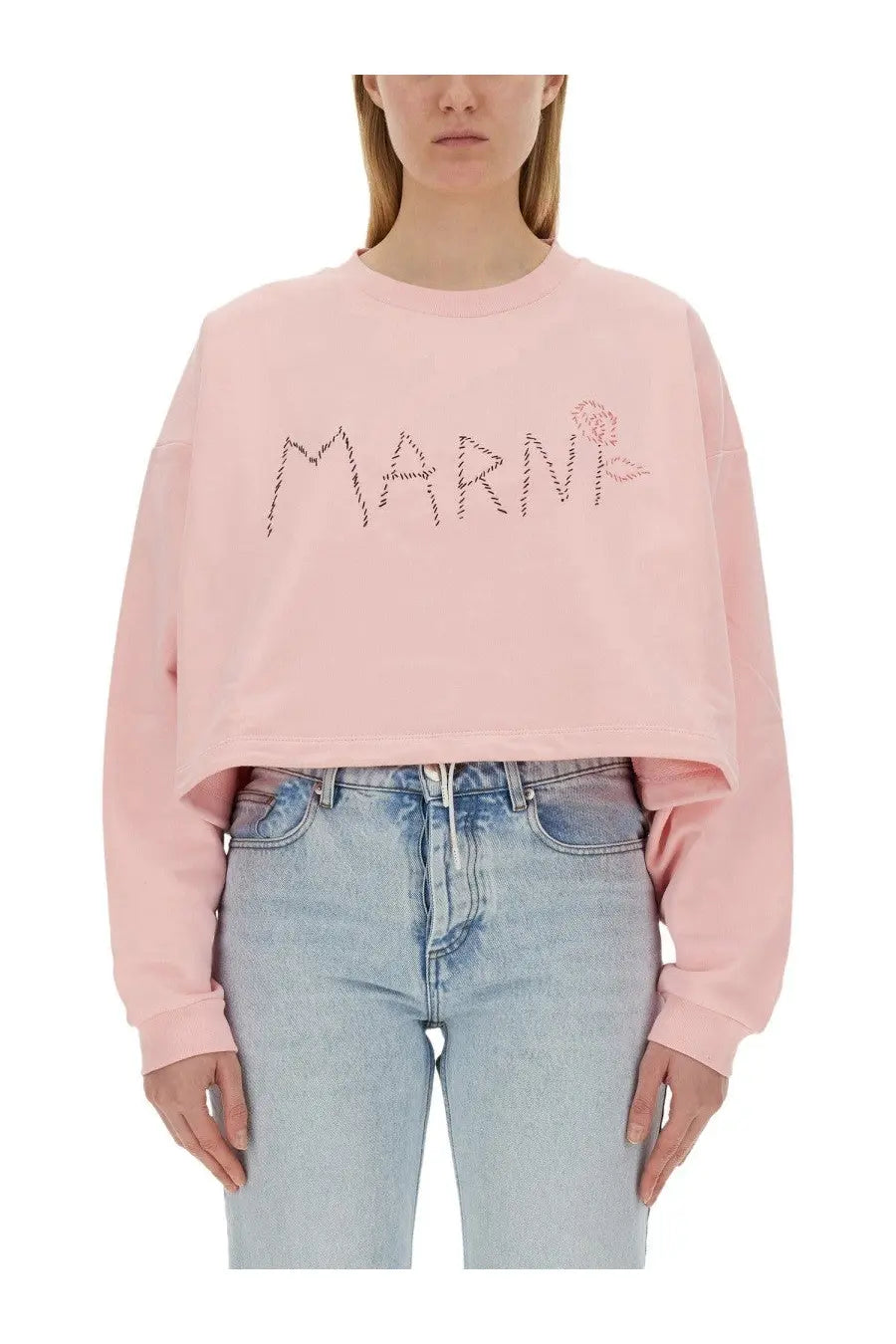 Pink cropped sweatshirt by marni with black embroidered logo and small rose detail in womens blue sweatshirt collection