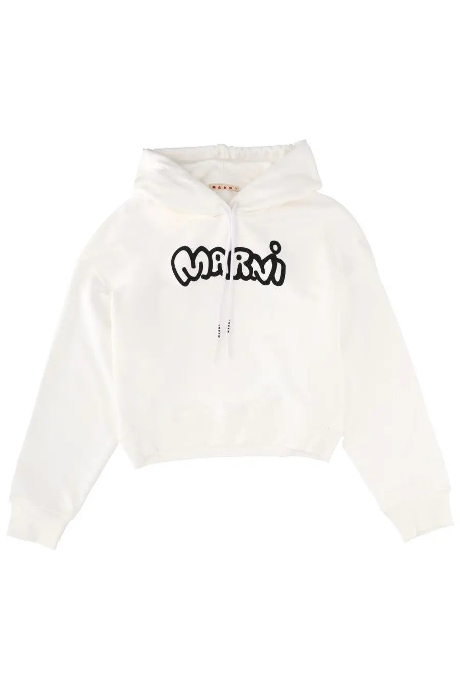 Marni women’s white cropped hoodie with black embroidered logo across the chest in cotton material
