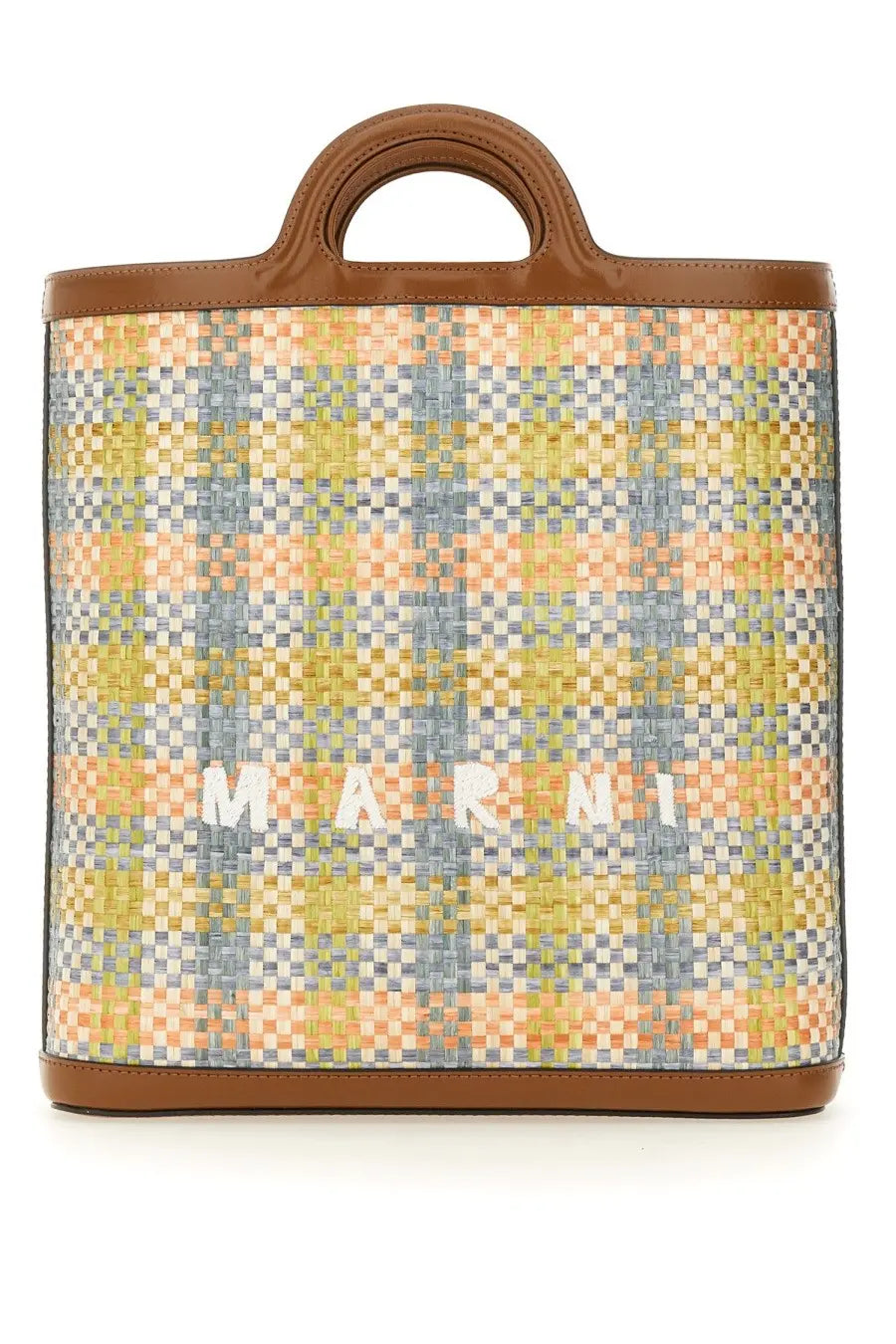Marni women’s tropicalia multicolor woven tote bag with multicolored plaid pattern and brown leather handles and trim